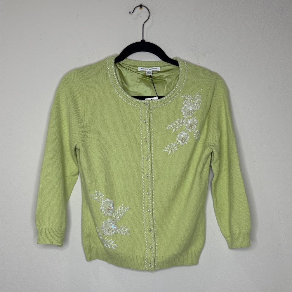 Banana Republic Women's Green Beaded Cardigan Sweater Medium Cotton Angora